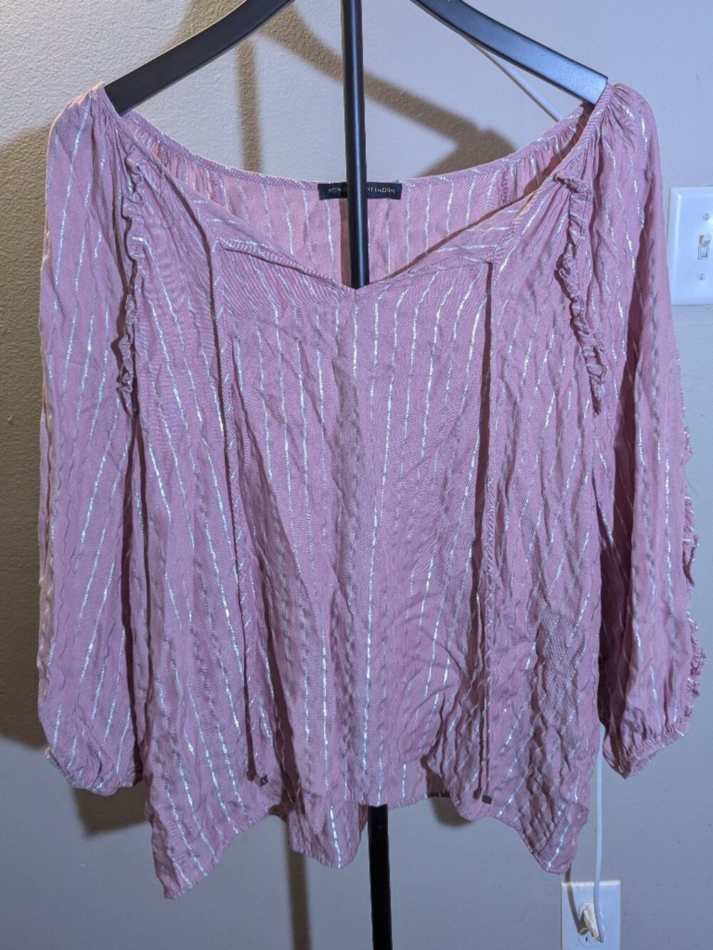 Adrienne Vittadini Pink & Shiny Silver Stripe 3/4 Sleeve Off Shoulder Top